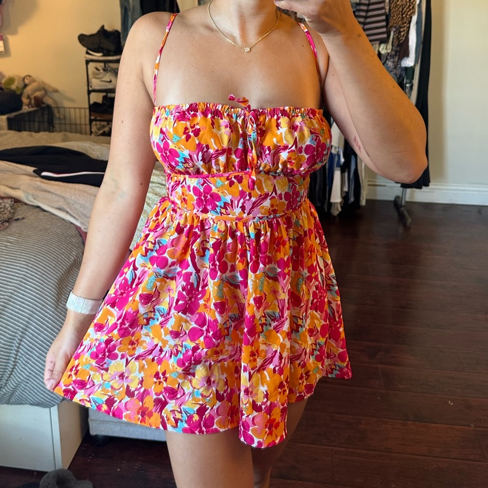 SHEIN Pink Orange Floral Romper with Spaghetti Straps